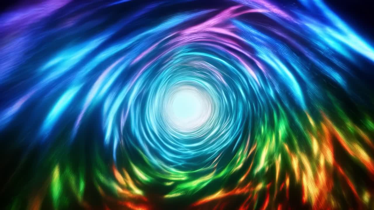 This captivating visual showcases an abstract tunnel filled with dynamic swirling colors and radiant light effects. The mesmerizing play of deep blues and vibrant purples creates a sense of depth and movement, drawing viewers into an enchanting experience. As the tunnel narrows towards a soft bright