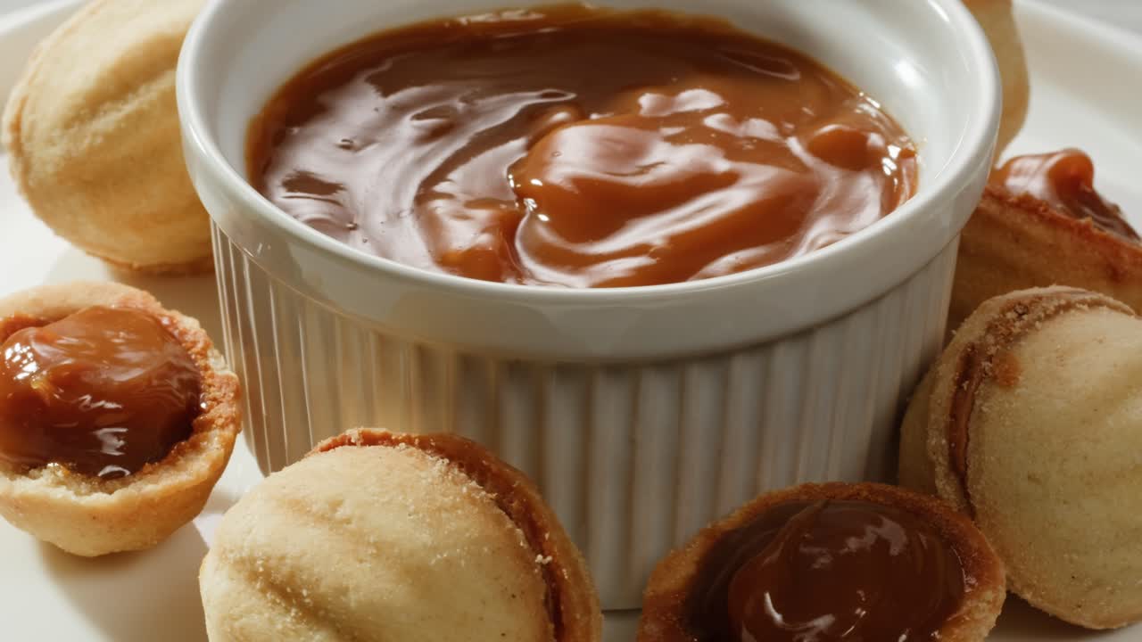 galletas caseras en forma de nuez con leche condensada hervida en una mesa gris, plana. imágenes de alta calidad en 4k
