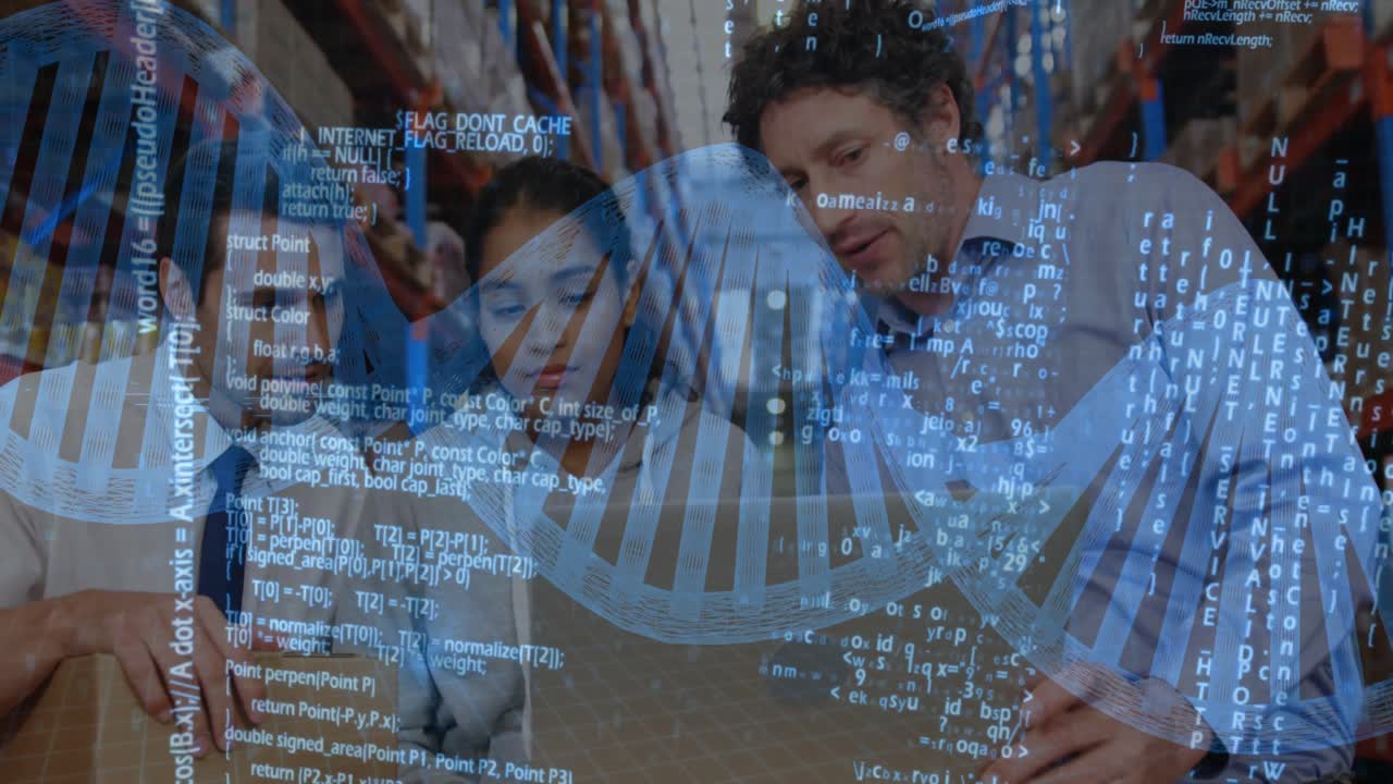 Female operator placing laptop on box and initiating DNA helix scanning for warehouse stock review