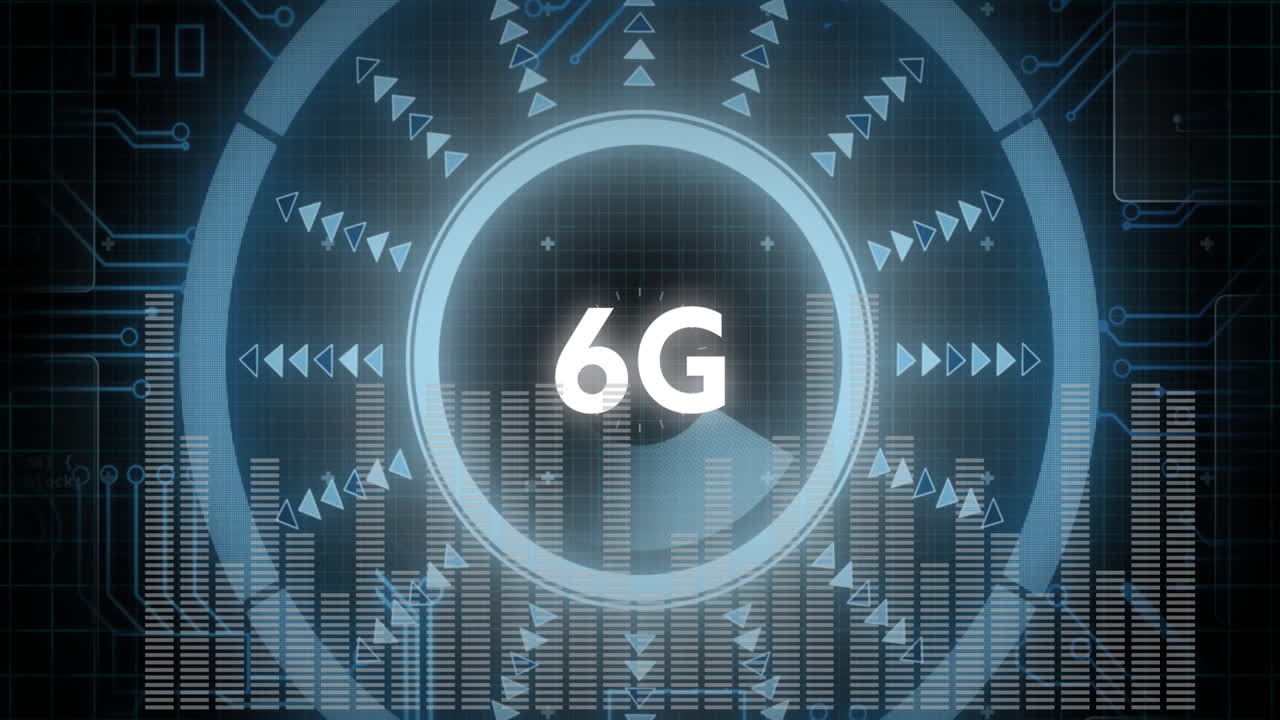 Using animation, futuristic 6G technology interface with data visualization elements