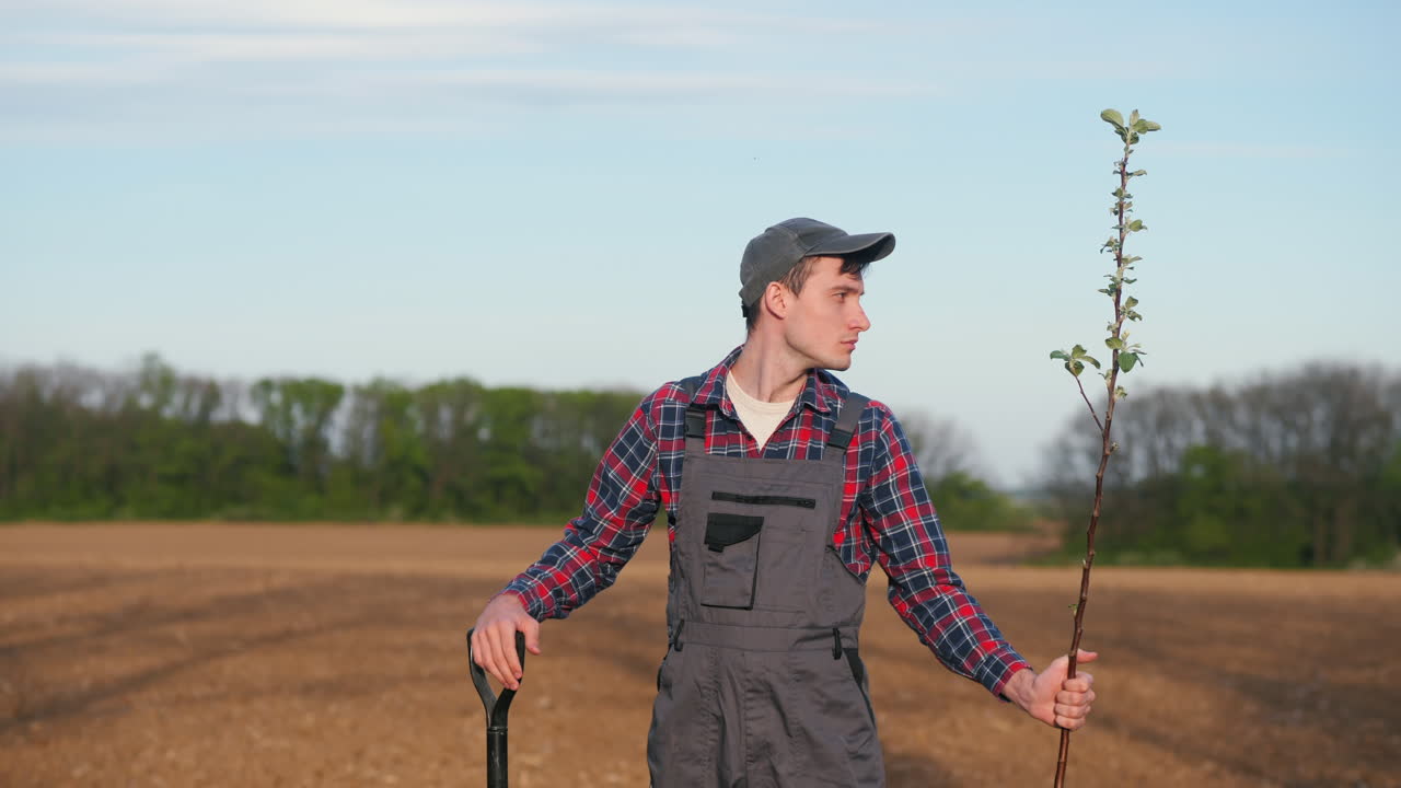 un agricultor plantando un árbol de manzana