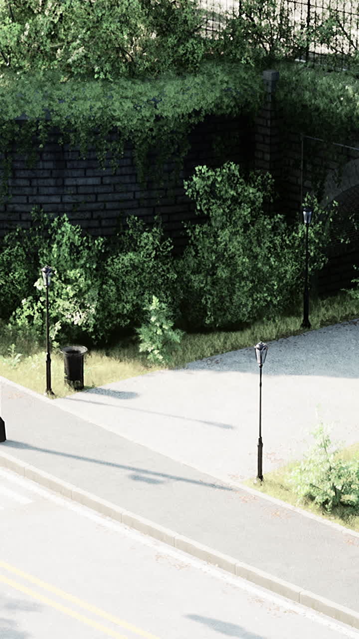 벽돌 벽, 나무, 램프 기둥 을 가진 거리 를 내려다 보는 모습