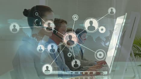 animación de la red de conexiones con iconos sobre diversas personas de negocios en la oficina