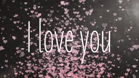 animation of i love you in white letters white pink hearts in background