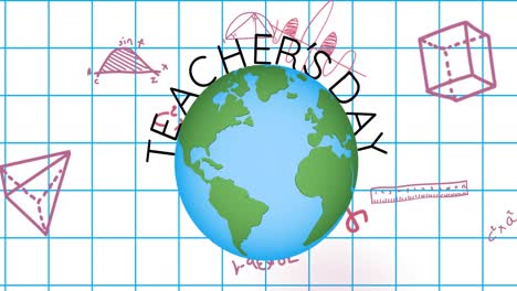 animation of teachers day text and spinning globe over school items on white background