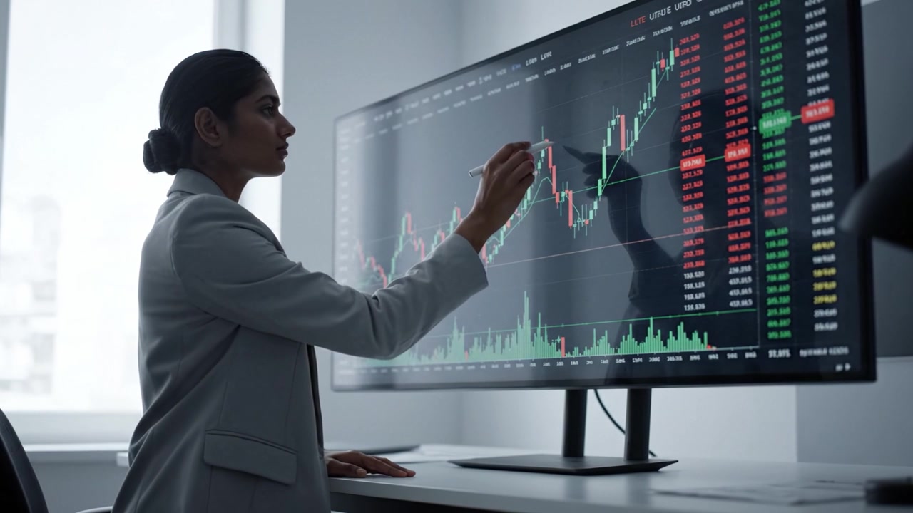 Un analista concentrato esamina le tendenze del mercato finanziario su un display digitale, evidenziando i dati di trading con sicurezza e precisione in un ambiente d'ufficio moderno.