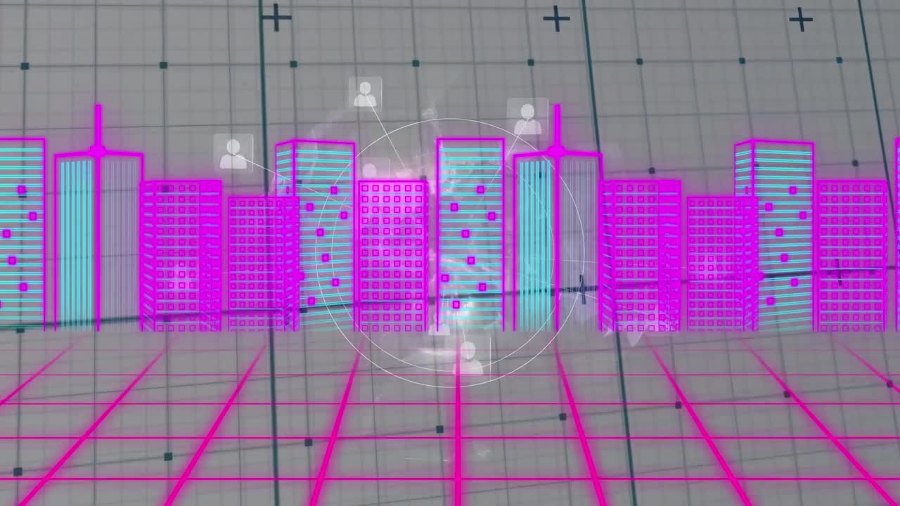 도시 풍경과 함께 데이터 처리의 애니메이션