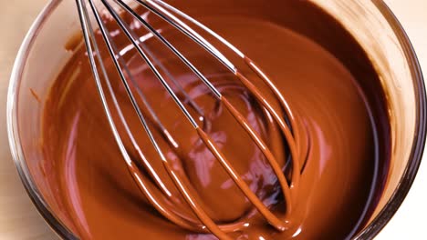 whisk mixing melted chocolate in a glass bowl