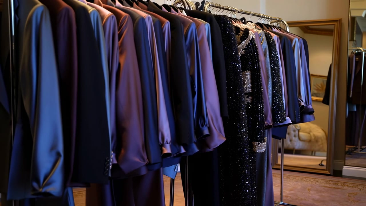 Sergilenen abiye elbise askılığı, saten ve şifon elbise sıralarıyla butik deneme odası ortamı.