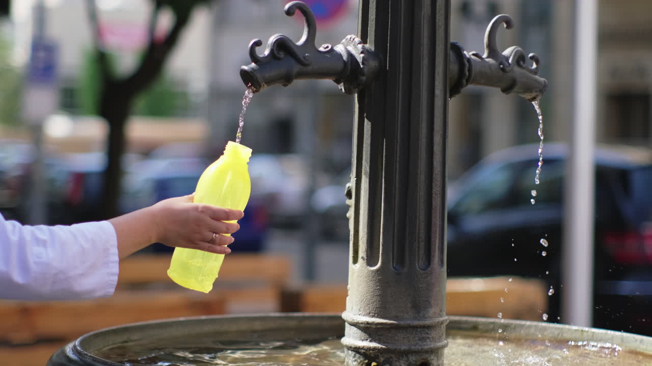 공공 분수 에서 물 병 을 다시 채우는 것