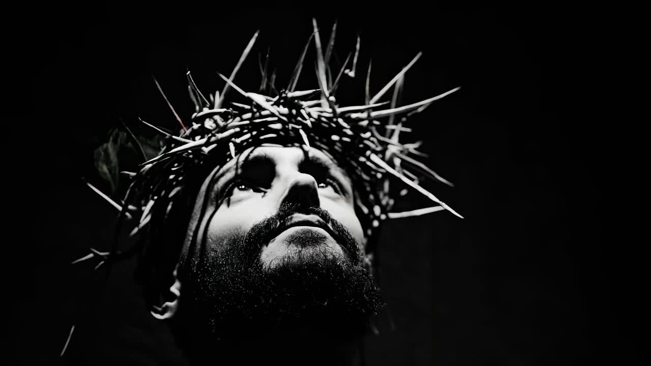 Dramatic black-and-white video still of a person with a crown of thorns, captured from a low angle