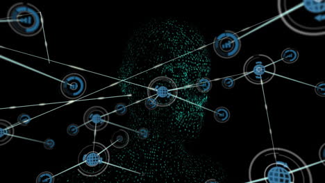 animation of network of connections with globe icons over human head