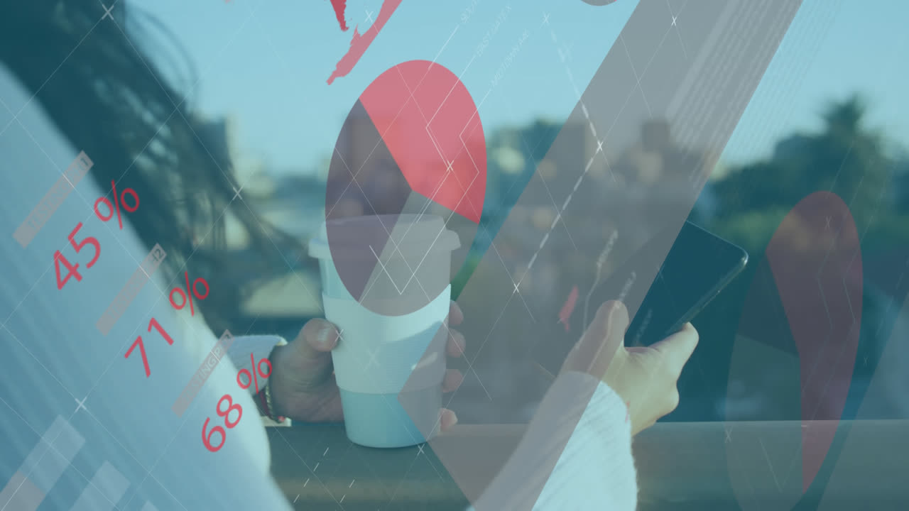 금융 데이터를 처리하는 스마트폰을 사용하는 여성의 애니메이션