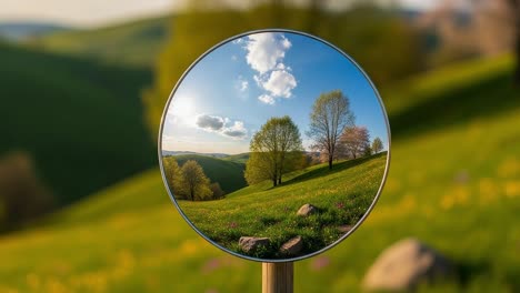reflective serenity: a magnificent view of lush green landscape captured in a circular mirror, showcasing vibrant nature and tranquil skies