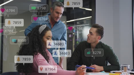 Animation-of-multiple-notification-bars-over-diverse-coworkers-sharing-ideas-in-office