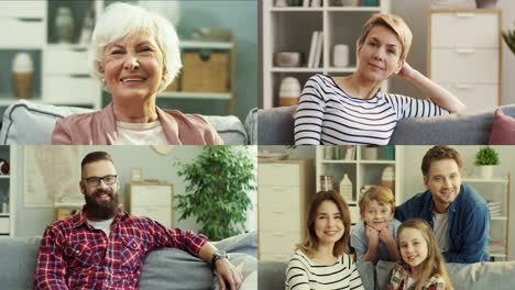 multiscreen en diferentes personas caucásicas sonriendo a la cámara en casa. familia feliz con niños en la habitación. collage de personas de diferentes edades y sexo descansando en el sofá. anciana en el interior. concepto de personas