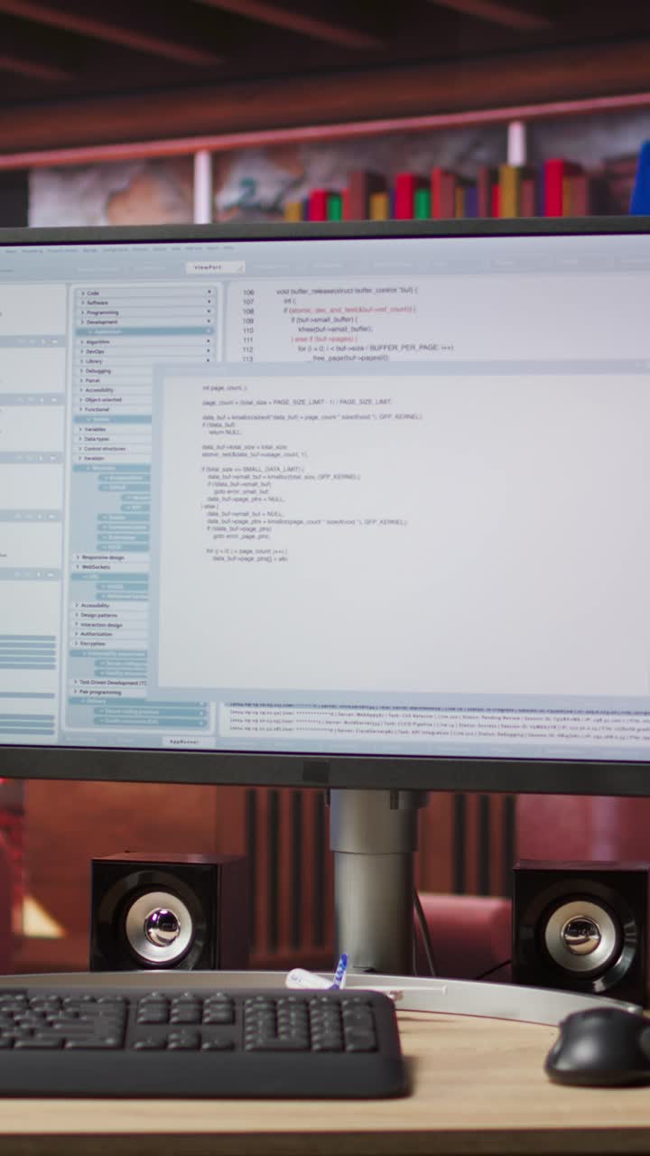 Vertical video Programming code executing software UI on computer monitor in apartment office
