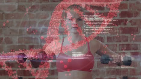 procesamiento de datos médicos contra mujer caucásica mujer en forma trabajando con pesas en el gimnasio
