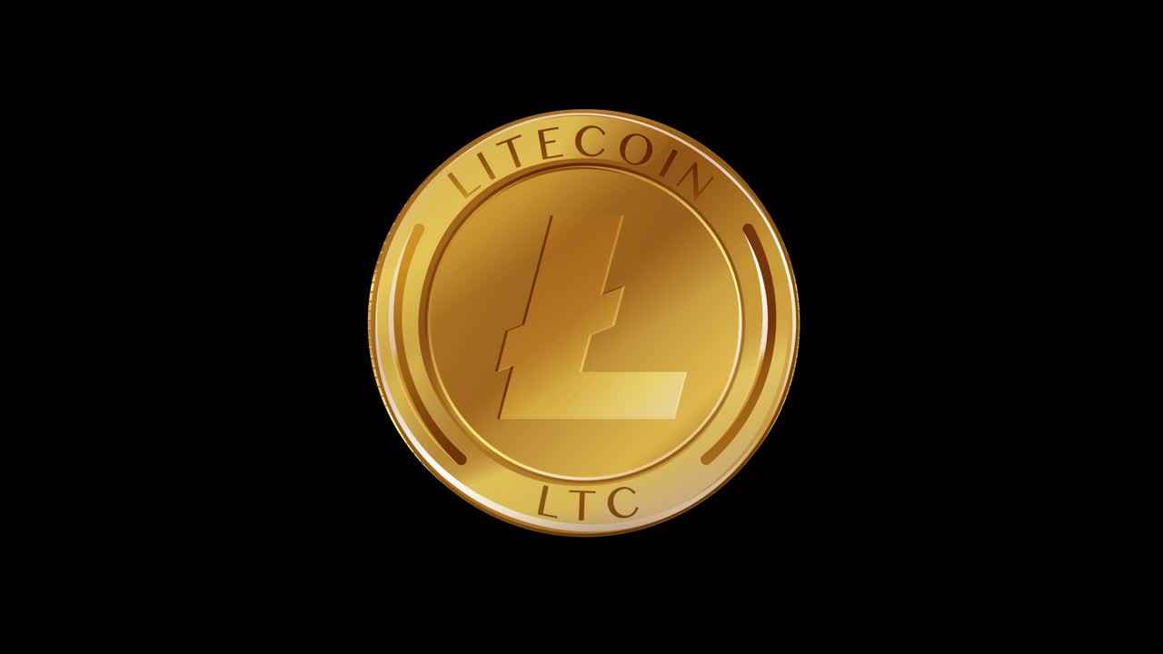 una animación de 20 segundos que muestra monedas litecoin giratorias contra un fondo negro, destacando la dinámica de la moneda digital