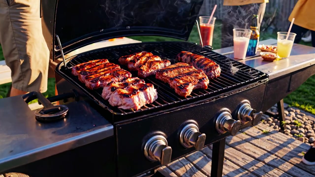 Carne deliziosa che griglia su un barbecue a una festa estiva all'aperto
