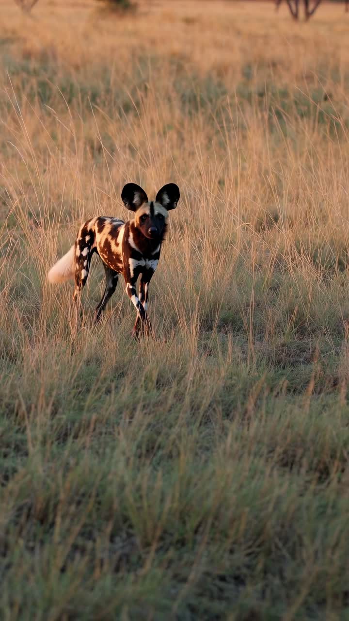 A wild dog stands alert in tall grass at sunset. Captured from a low angle, this video still
