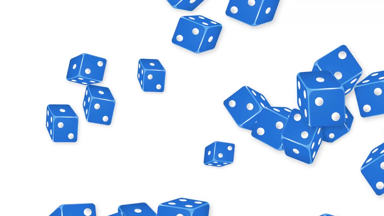 Diversi dadi da gioco blu cadono e rimbalzano su uno sfondo bianco pulito al rallentatore