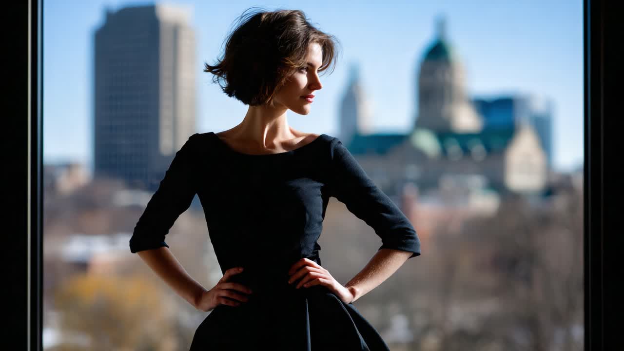 A Captivating Silhouette Against a Urban Skyline: Exploring Elegance and Beauty in Natural Light Through Framed Window Views