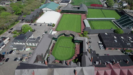 high aerial panoramic view of the tennis hall of fame in newport, rhode island.