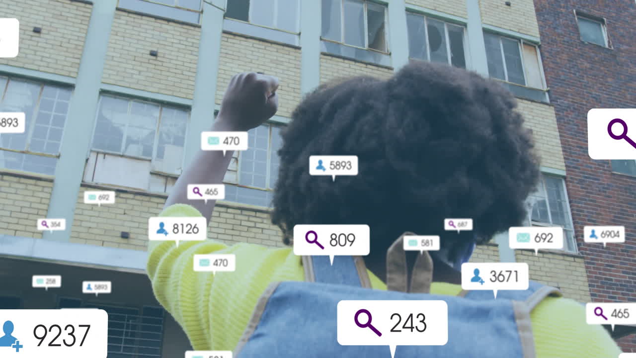 Animation of media icons over african american woman wearing backpack