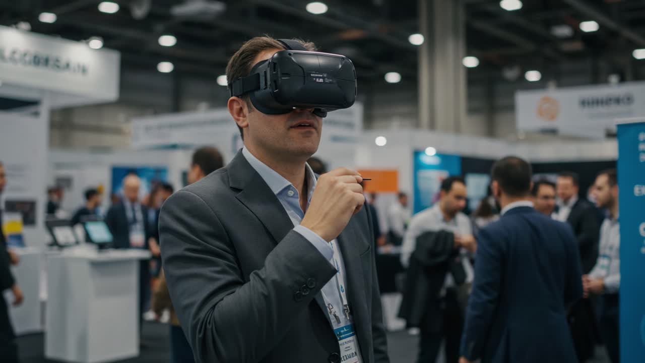 A Business Professional Engages with Virtual Reality Technology at a Conference, Showcasing the Future of Innovation in a Networking Environment