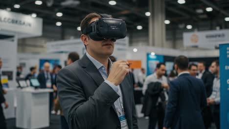 a business professional engages with virtual reality technology at a conference, showcasing the future of innovation in a networking environment