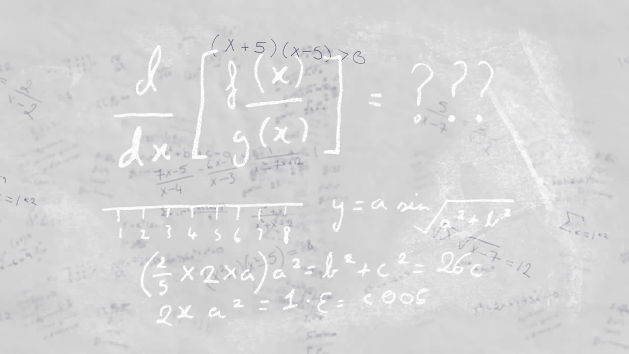 색 배경 위에 떠다니는 다채로운 수학적 방정식의 애니메이션