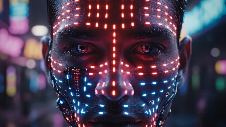 Volto cyberpunk con luci al neon
