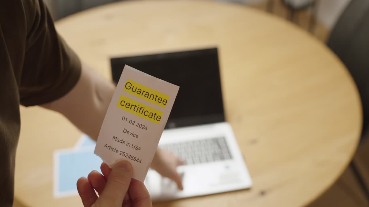 Uma pessoa segurando um certificado de garantia em frente a um laptop com defeito. Conceito de defeito de produto durante o período de garantia, direitos do consumidor, pedido de reparo e assistência técnica