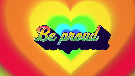 animación del texto de estar orgulloso sobre el fondo de corazones arco iris.