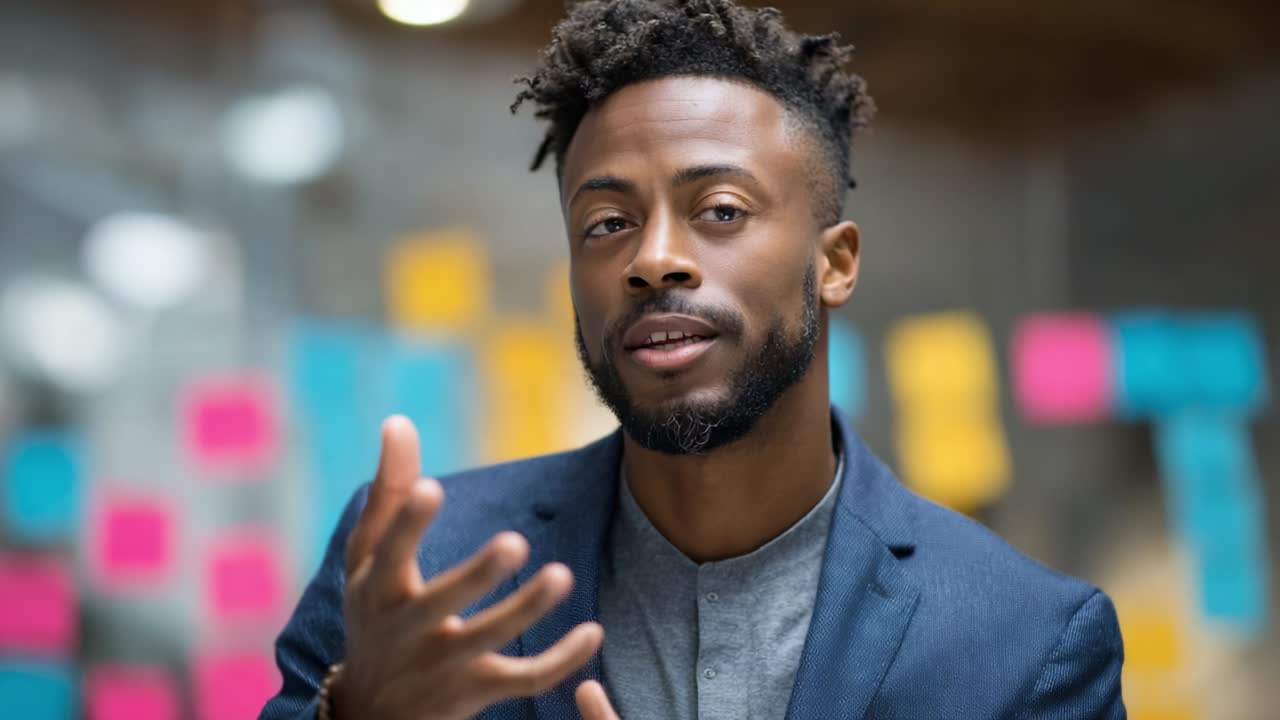 Engaging Discussion: An Individual in Business Attire Actively Participating in a Conversation, Emphasizing Points with Gestures in a Modern Workspace Surrounded by Colorful Sticky Notes