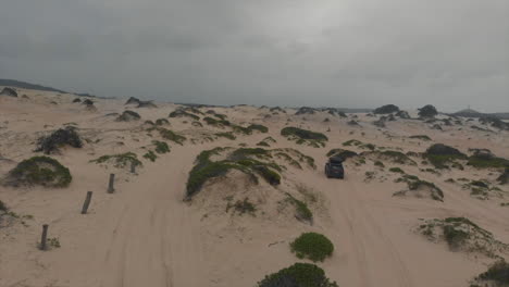 antena siguiendo la conducción de vehículos 4x4 alrededor de la playa de arena - dunas cubiertas de hierba