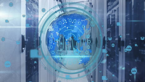 animation of security scanner interface and global network over server room