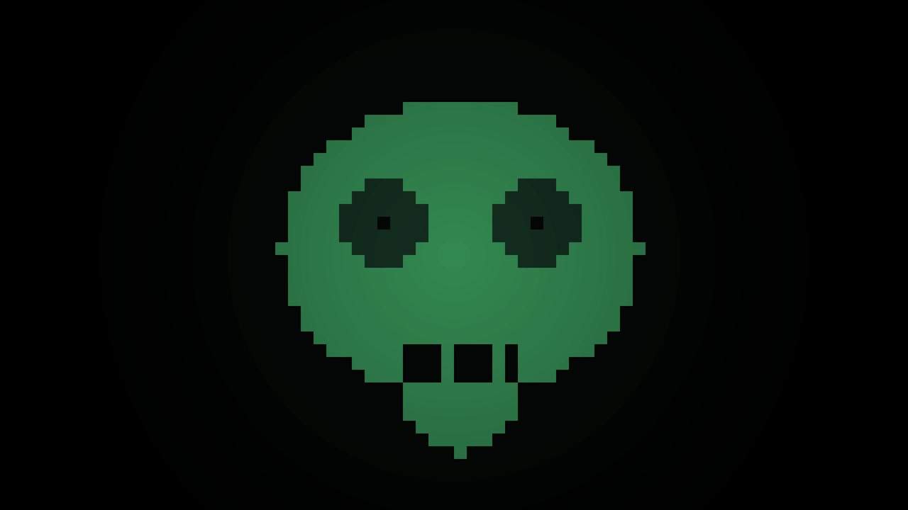 Animazione di teschio in pixel art con effetto glitch e distorsione digitale