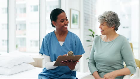 nurse, checklist and senior woman in clinic