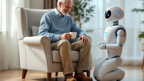 elderly man dressed in casual attire is seated in an armchair, engaging with a humanoid robot that is kneeling beside him in a bright, modern living room filled with natural light