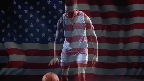 animation of flag of usa over african american male basketball player