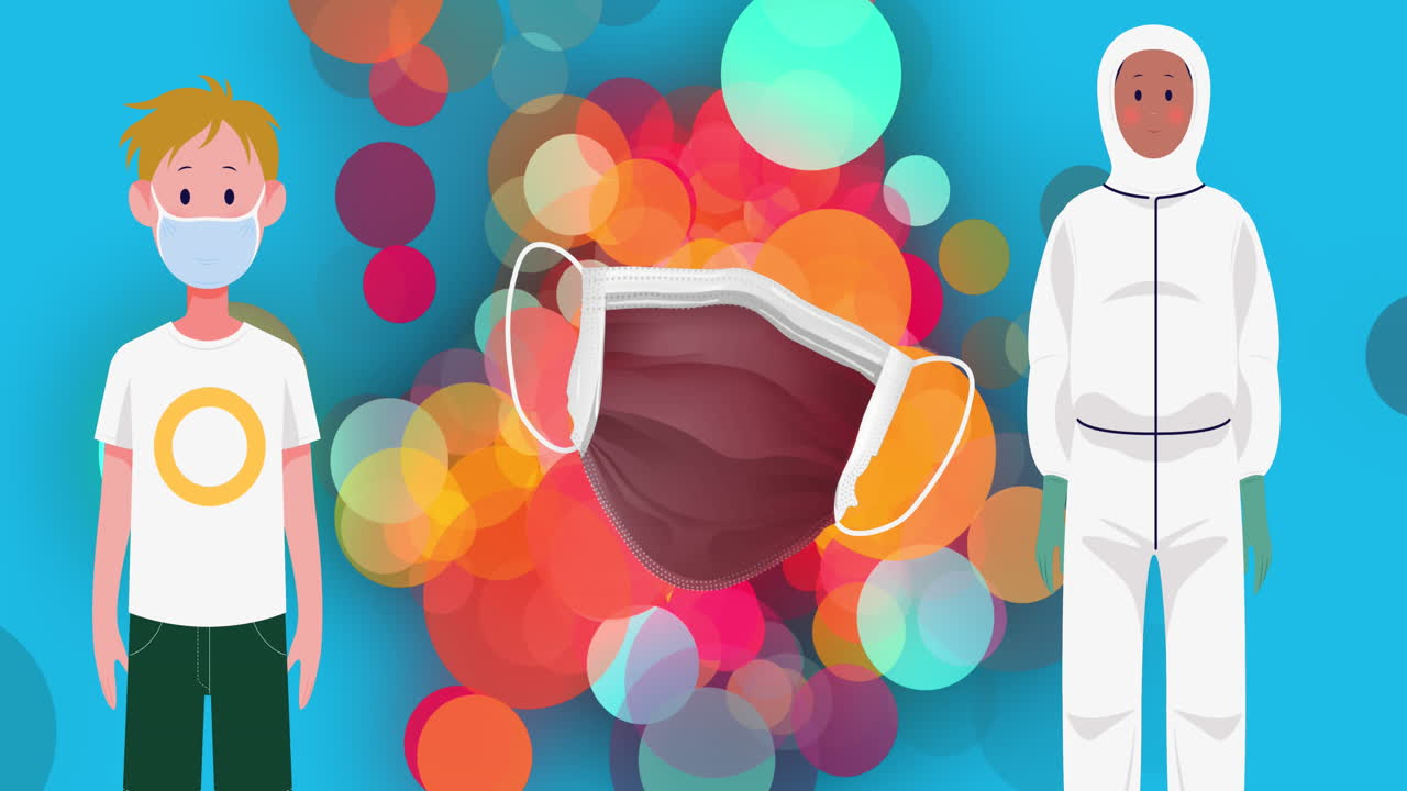 다채로운 반점 위에 얼굴 마스크를 쓴 의사와 소년의 애니메이션