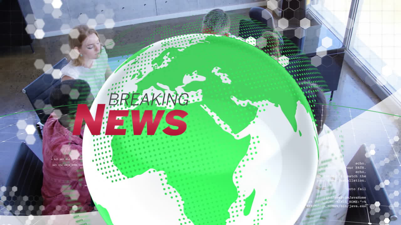 Breaking news animation over diverse group collaborating in modern office setting