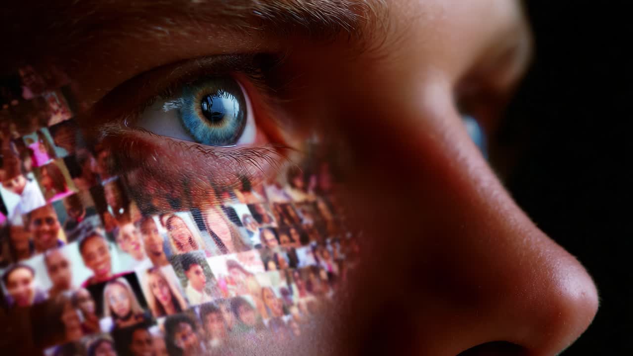 A Close-Up View of an Individual's Eye Reflecting a Diverse Array of Smiling Faces, Symbolizing Unity and the Connection Between Individuals in a Multicultural World