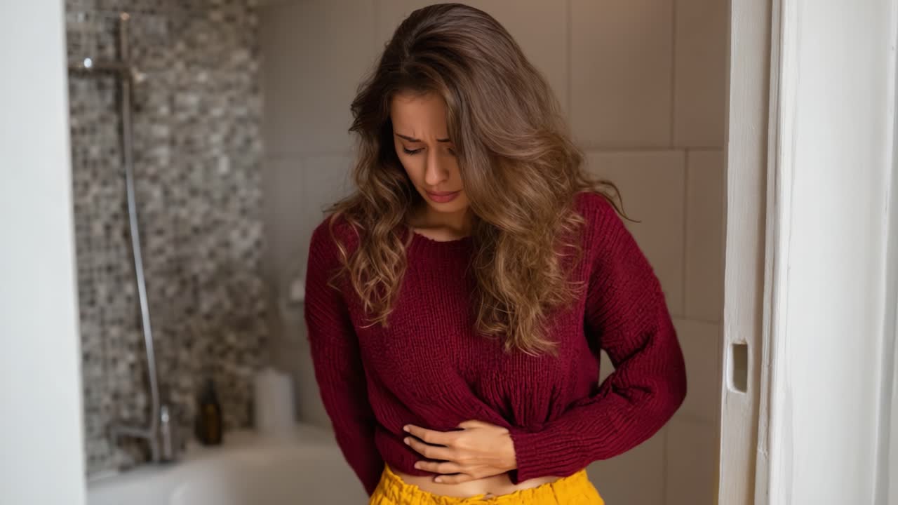 Una giovane donna preoccupata con un comodo maglione e una gonna fluida, esprime disagio in una stanza accogliente: un momento di introspezione ed emozione.