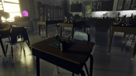 classroom with empty desks and science equipment in afternoon light