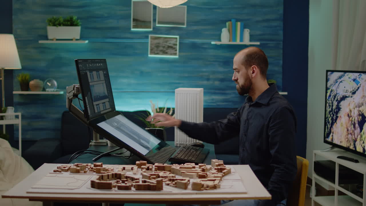 Architect analyzing building model on touch screen monitor