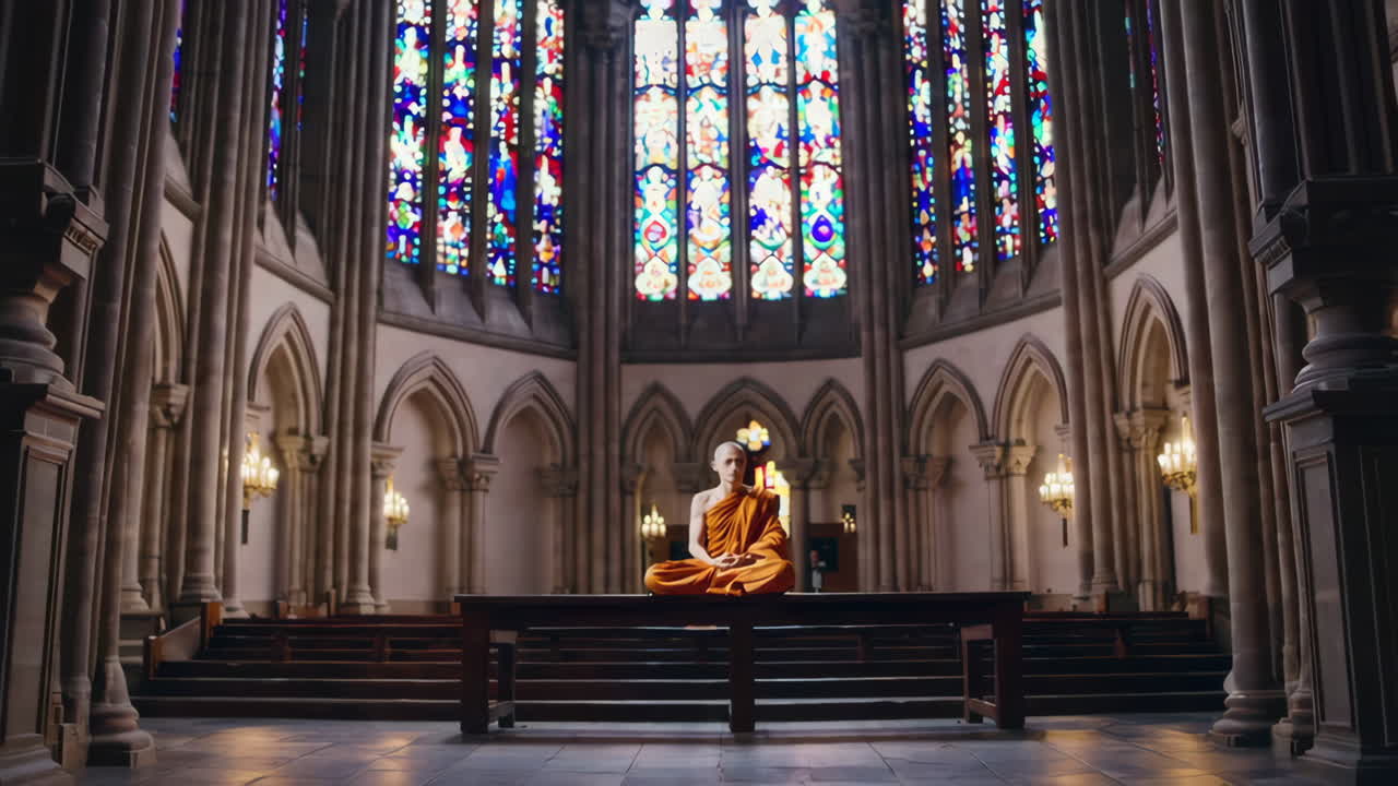 буддийский монах медитирует в церковной обстановке