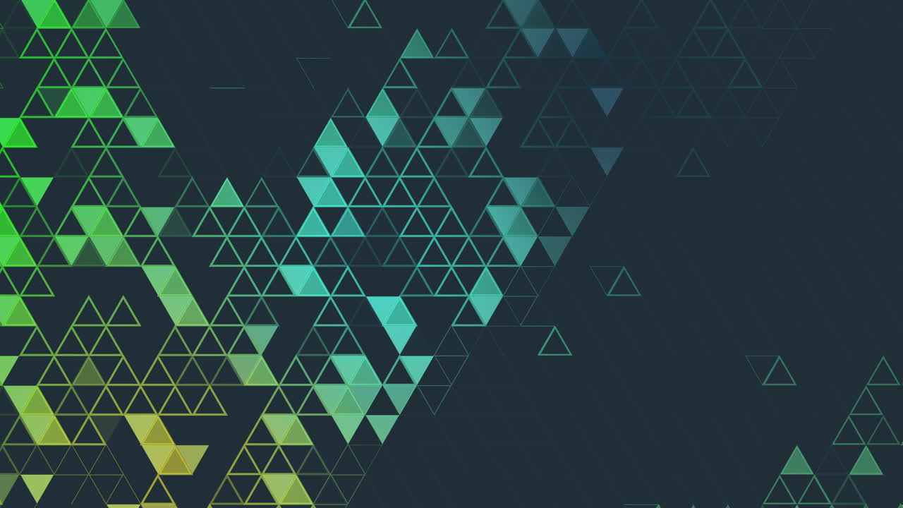 Dark green background with triangle pattern. Polygonal loop geometric mosaic animation. Copy space.